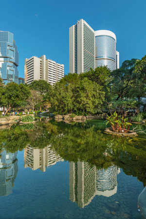 high rise office building and public park in central district of Hong Kong cityのeditorial素材