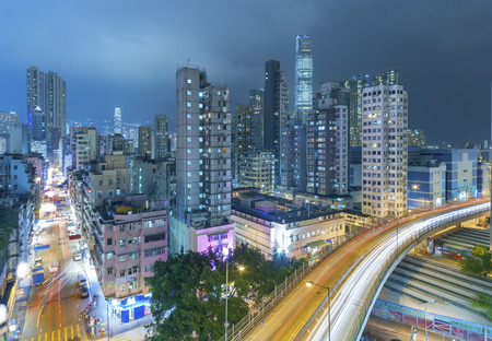 Busy traffic in Hong Kong city at nightの写真素材