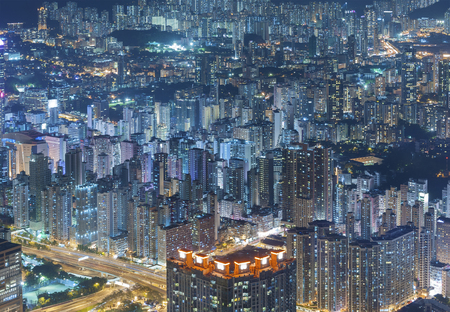 Aerial view of Hong Kong city at nightの写真素材