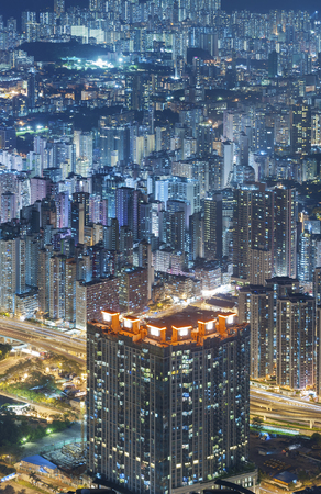 Aerial view of Hong Kong city at nightの写真素材