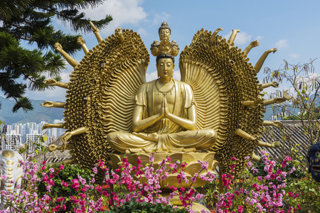 Guanyin Buddha Statue in Ten Thousand Buddhas Monastery in Hong Kongの写真素材