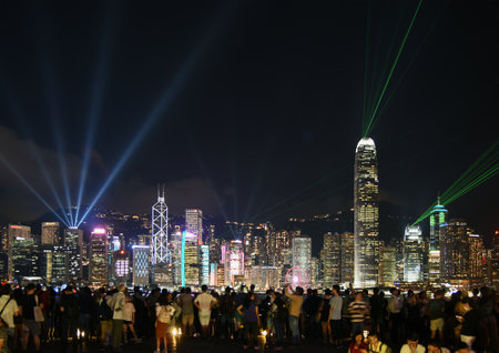 Hong Kong, China - May 16, 2018 : Laser show in Victoria Harbor of Hong Kong city at nightのeditorial素材