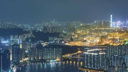 Aerial view of Hong Kong city at nightの写真素材