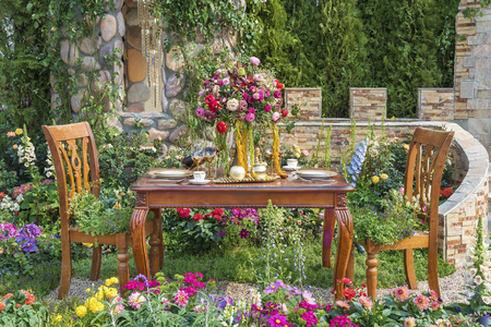 Landscaped backyard flower gardenの写真素材