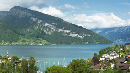 Idyllic landscape of Spiez castle on lake Thun (Jungfrau region, canton Bern, Switzerlandの写真素材