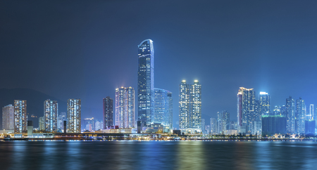 Panorama of skyline of Hong Kong city at nightの写真素材