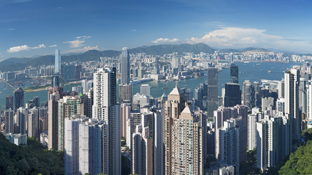 View of Victoria harbor from the peak at Hong Kongの写真素材