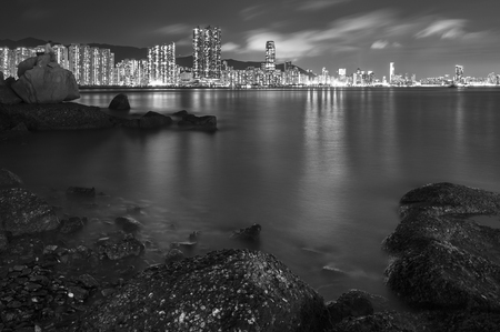 Victoria Harbor in Hong Kong at nightの写真素材