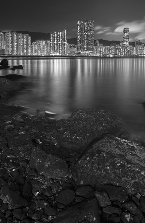 Victoria Harbor in Hong Kong at nightの写真素材