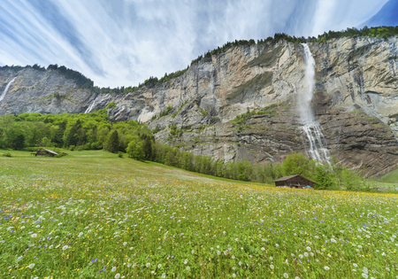 Waterfall in Lauterbrunnen valley in Bernese Alps, Swiissの写真素材