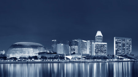 Skyline of Singapore city at nightのeditorial素材