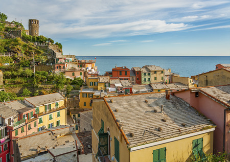 Colorful Residential house in resort village Vernazza, Cinque Terre, Italyの写真素材