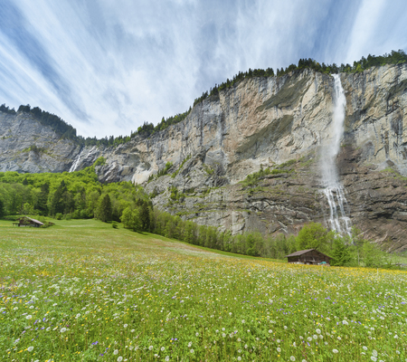 Waterfall in Lauterbrunnen valley in Bernese Alps, Swissの写真素材