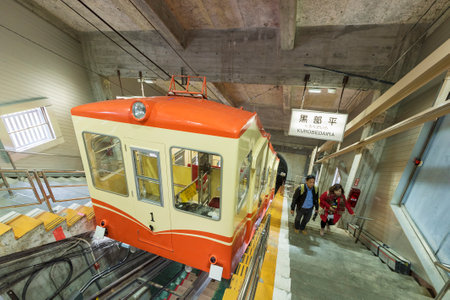 Tateyama Kurobe Alpine Route, Japan - May 31, 2017 : Kurobe Cable car, journey between Kurobedaira and Kurobeko Station in Tateyama Kurobe Alpine Route, Toyama Prefecture, Chubu (Hokuriku), Japan.のeditorial素材