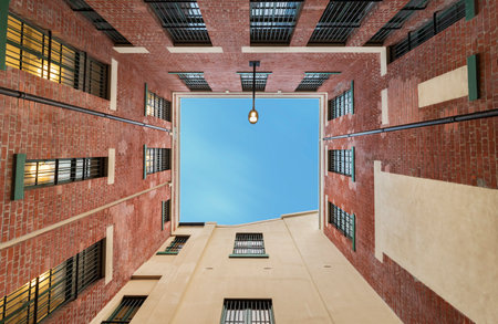 sky view from below between buildings concept and space for your textのeditorial素材