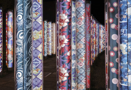Kimono Forest (Yuzen) , pattern of kimono textile in gorgeous cylinder-shaped pillars , Arashiyama,...