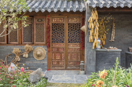 Exterior of Chinese farm house in China. Oriental backgroundの写真素材