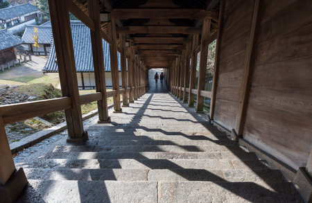 Sunlight streaming into the Stairway in temple, Nara, Japanのeditorial素材