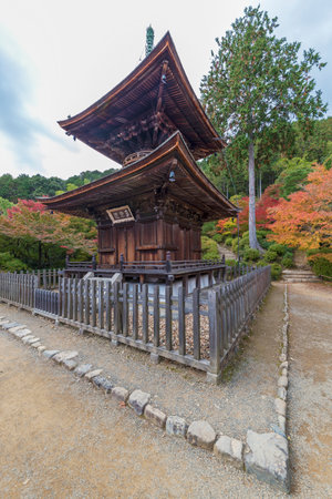 wooden pagoda in Jojakko-ji Temple, Kyoto, Japan in autumn seasonのeditorial素材