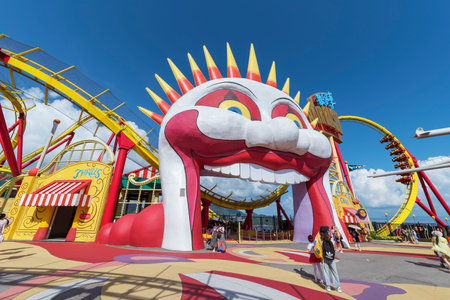 Hong Kong, China - July 24, 2019 : Roller coaster amusement ride in Ocean Park in Hong Kong. Ocean Park is a popular tourist attraction in Hong Kong.のeditorial素材