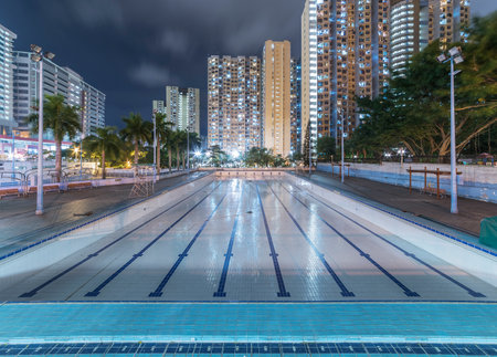 Swimming pool and high rise residential building in Hong Kong cityのeditorial素材