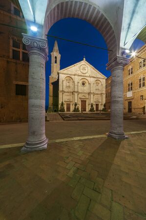 Night scene of historical town Pienza in Tuscany, Italyの写真素材