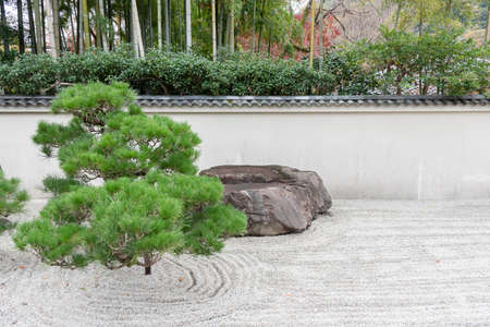 Japanese zen garden with plant, stone in raked sandの写真素材