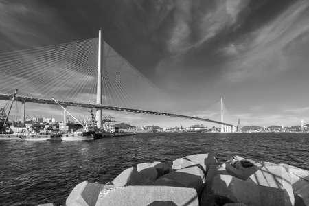 Cargo port and bridge in Hong Kongの写真素材