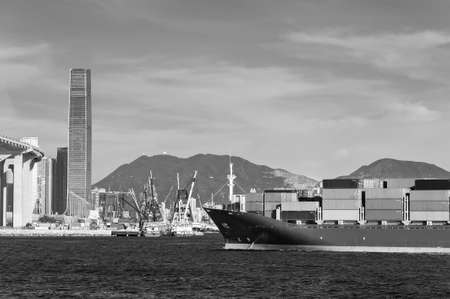 Cargo ship in Victoria Harbor of Hong Kong