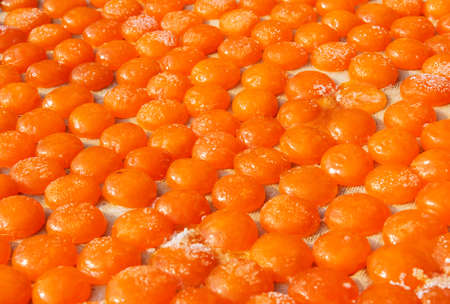 Orange duck egg yolks in winnow basket, Tai O village, Hong Kongの写真素材