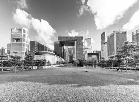 Public park and skyline in downtown district of Hong Kong cityのeditorial素材