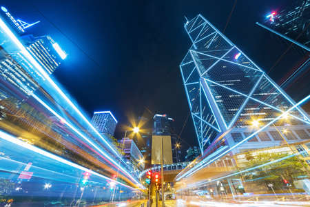 Traffic in downtown district of Hong Kong city at night