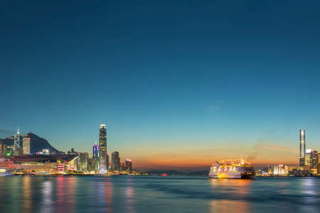 Panorama of Victoria Harbor in Hong Kong at dusk