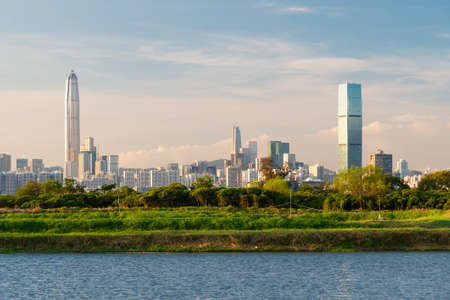Skyline of downtown district of Shenzhen city, China. Viewed from Hong Kong border