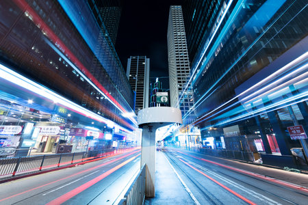 Hong Kong, China - August 14, 2021 : Night scenery of downtown district in Hong Kong cityのeditorial素材