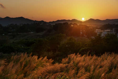 Idyllic landscape of countryside of Hong Kong under sunsetの写真素材