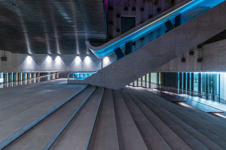 Interior view of stairway and escalator in modern architecture