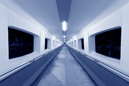 Night scene of empty modern pedestrian walkwayの写真素材