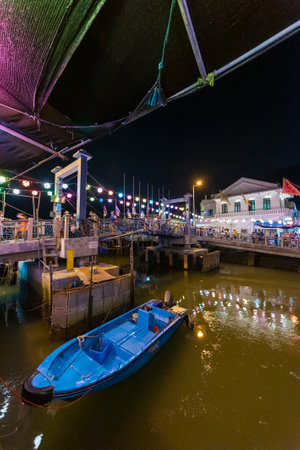 Hong Kong, China - September 11, 2021 : Night scenery of historical landmark fishing village Tai O  in Lantau islandのeditorial素材