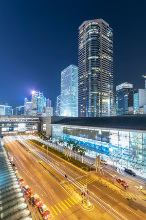 Skyline of downtown district of Hong Kong city at nightの写真素材