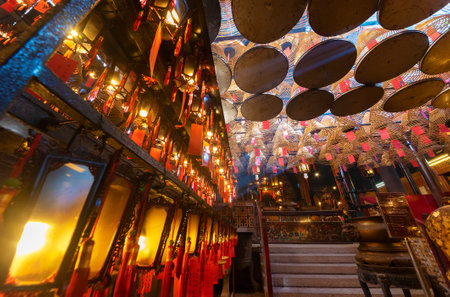 Interior view of historical landmark Man Mo Temple in Hong Kong cityのeditorial素材