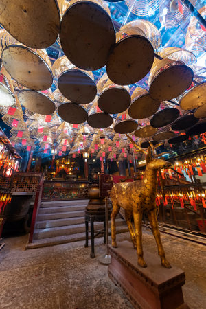 Interior view of historical landmark Man Mo Temple in Hong Kong cityのeditorial素材