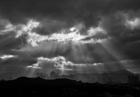 Silhouette of skyline of Yuen Long district, Hong Kong cityの写真素材