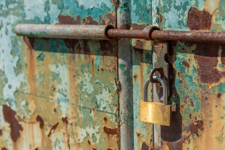 Closeup of padlock on rusty metal door of abandoned buildingの写真素材