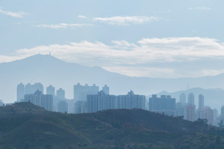 silhouette city skyline and mountain. landscape of Hong Kong at dawnの写真素材