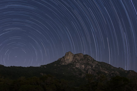 Star trail over Natural landmark Lion Rock in Hong Kongの写真素材