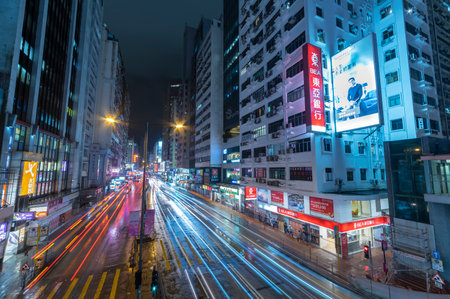 Hong Kong, China - October 07, 2021 : Traffic in Mongkok District in Hong Kong. Mongkok in Kowloon Peninsula is the most busy and overcrowded district in Hong Kongのeditorial素材