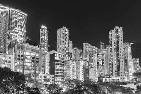 high rise residential building in Hong Kong city at nightの写真素材