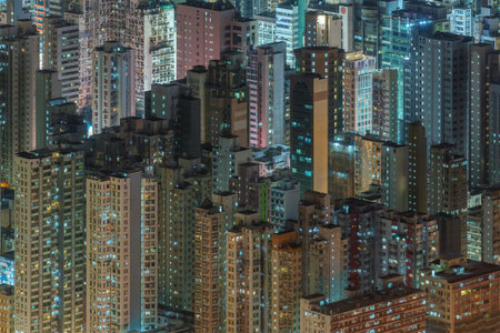 Night scenery of aerial view of Hong Kong cityの写真素材