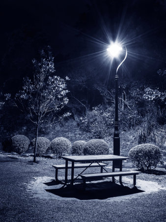 Night scenery of bench, picnic table and street light in parkの写真素材